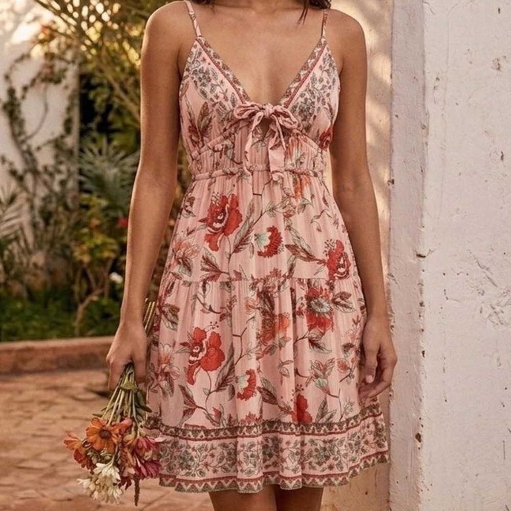Angie Pink Floral Mini Dress with Red & Green Accents - Picture 2 of 12
